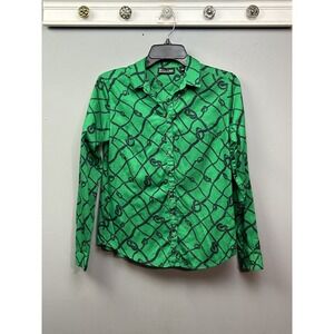 7th Avenue Shirt Womens XS Green Nautical Rope Print Button Up Long Sleeve Top